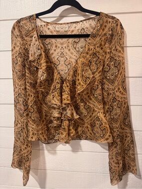 Paisley Ruffle V-Neck 100% Silk Blouse - Tan Multi